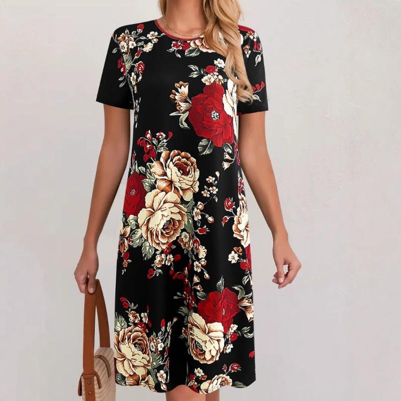 Женское платье с принтом, элегантное модное летнее платье свободного кроя с круглым вырезом и короткими рукавами