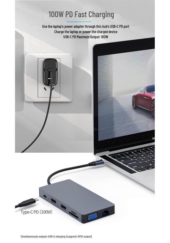 USB-C хаб 12-в-1: Двойной HDMI, VGA, Gigabit Ethernet, Многопортовый адаптер с поддержкой тройного дисплея