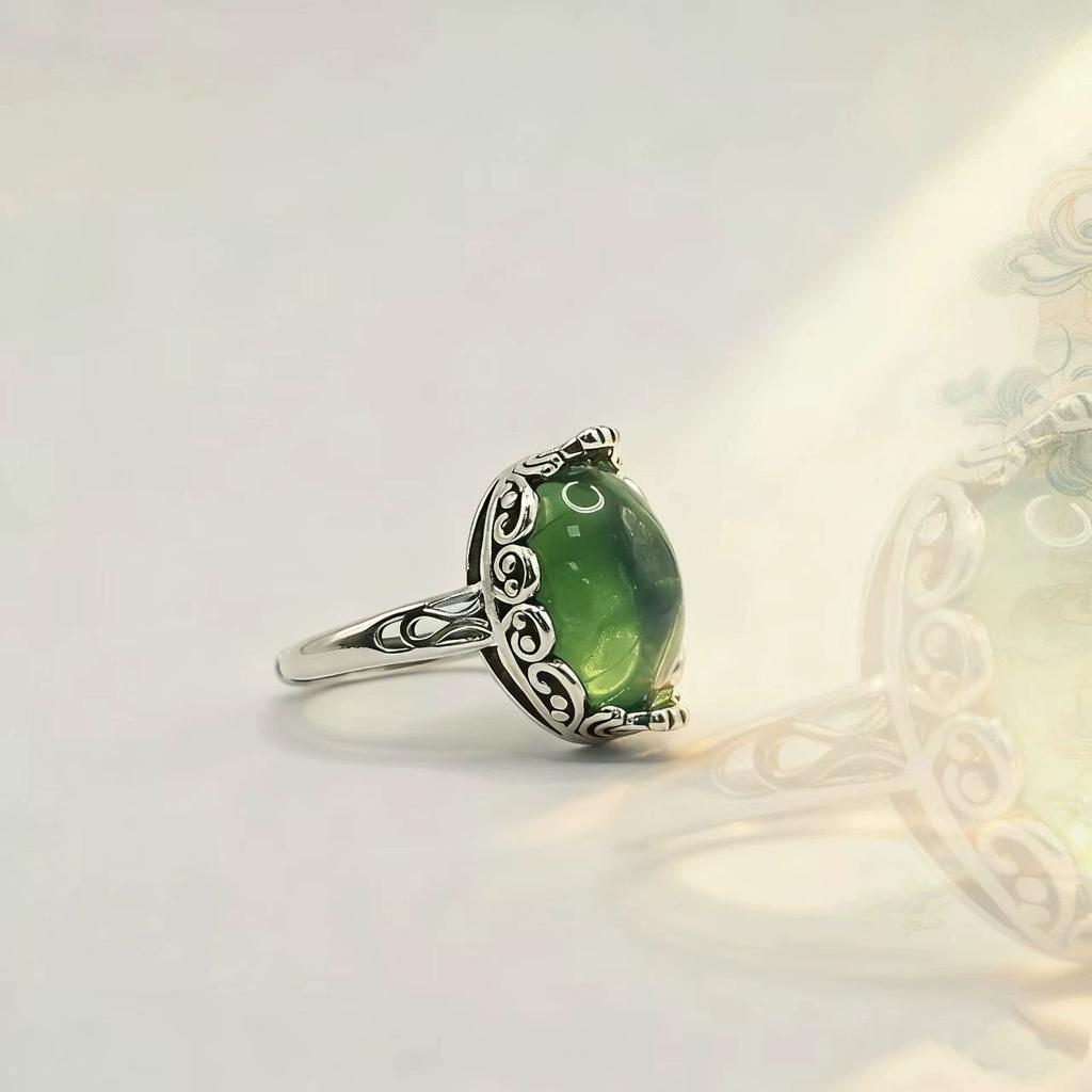 Retro Ethnic Style Thai Silver Hollow Withered Vine Green Zircon Adjustable Rings For Women Fashion New Jewelry Gift