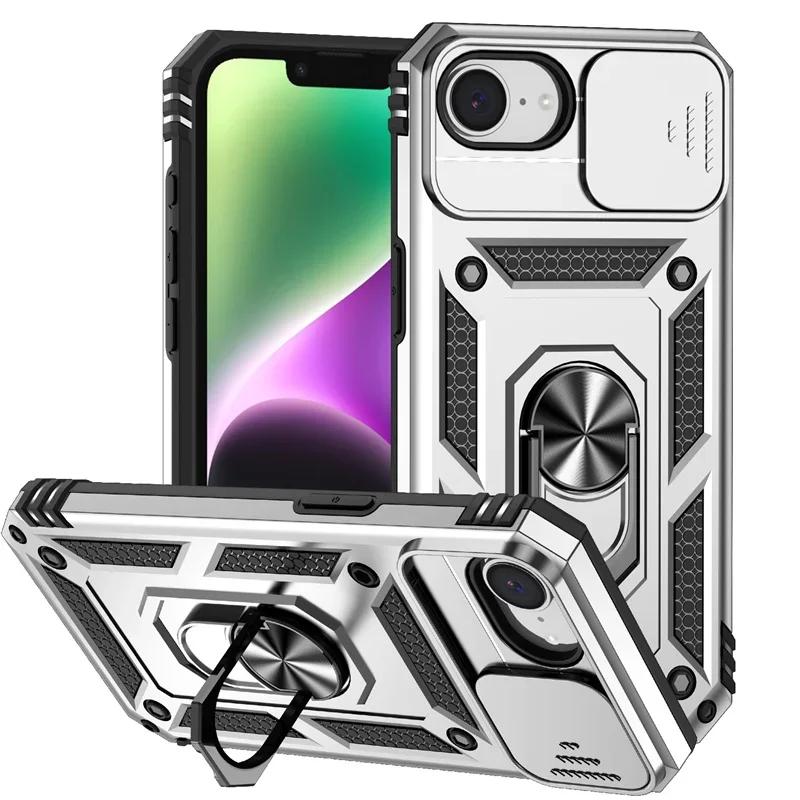Бронированный чехол для iPhone 16e 16 15 14 13 12 11 Pro Max Plus Чехол Сдвижная защита камеры Защитное кольцо Держатель Ударопрочная крышка