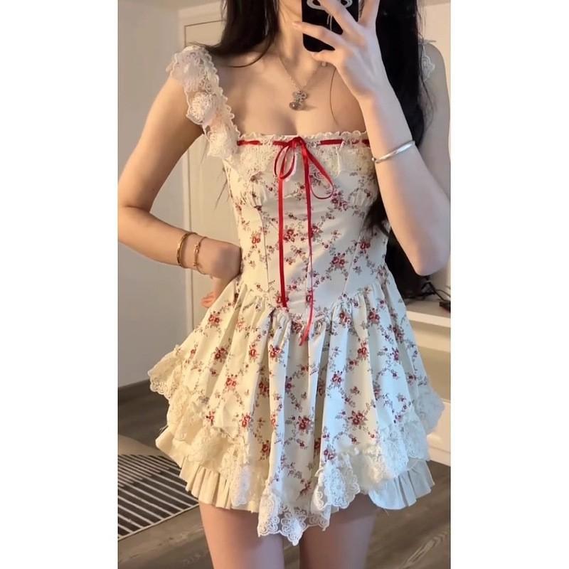 Floral Print Lace Trim Tie-Shoulder A-Line Mini Dress With Square Neckline Women Vacation Style