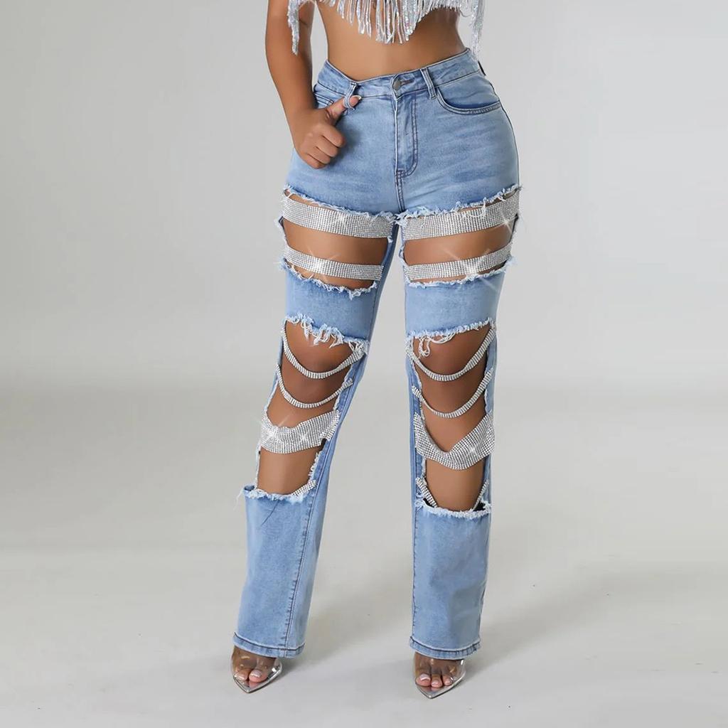 Broken Hole Heavy Industry Nail Bead Elastic Jeans Pants For Women