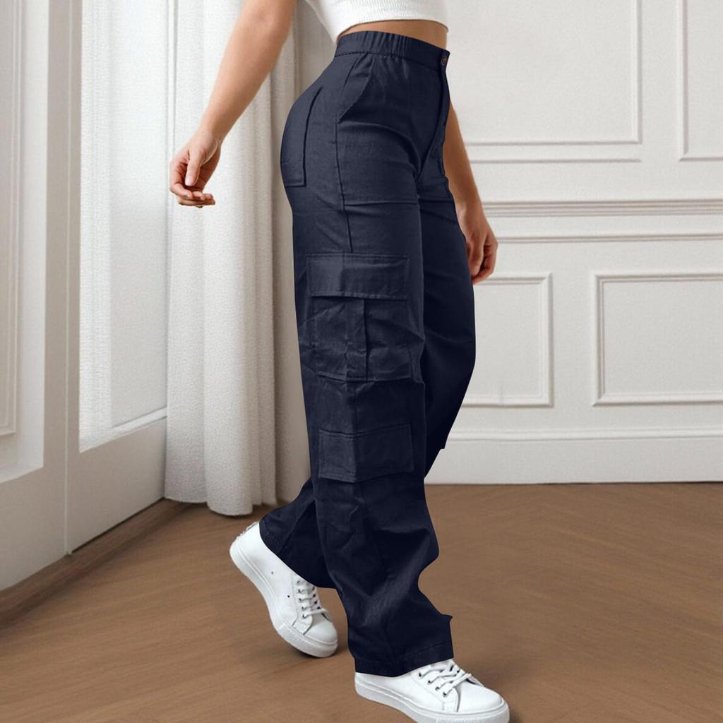 Womens Elastic High Waisted Cargo Pants Stretch Casual Wide Leg Streetwear Parachute Hiking Pants With Pockets