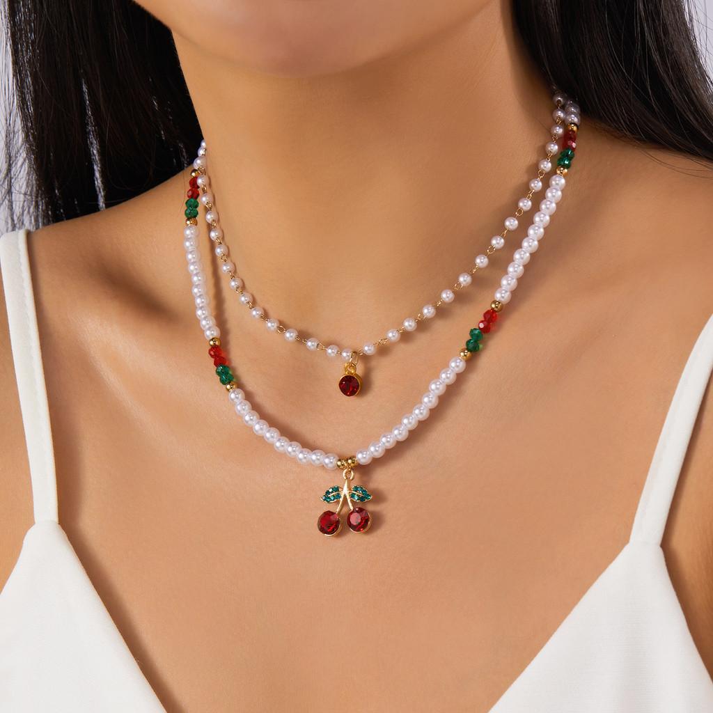 Romantic Heart Pearl Choker Necklace With Cherry And Strawberry Charms For Girls