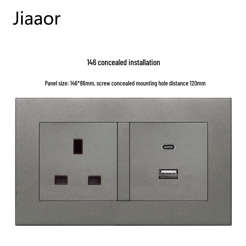 Серый британский стандарт двойная розетка с выключателем с USB и Type C - совместимая с Гонконгом/Макао, скрытого типа 86