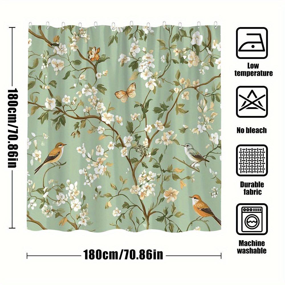 1pc Natural Scenery Shower Curtain Olive Green Background Print Bird And Butterfly Flower Design Shows Fresh And Elegant Natural