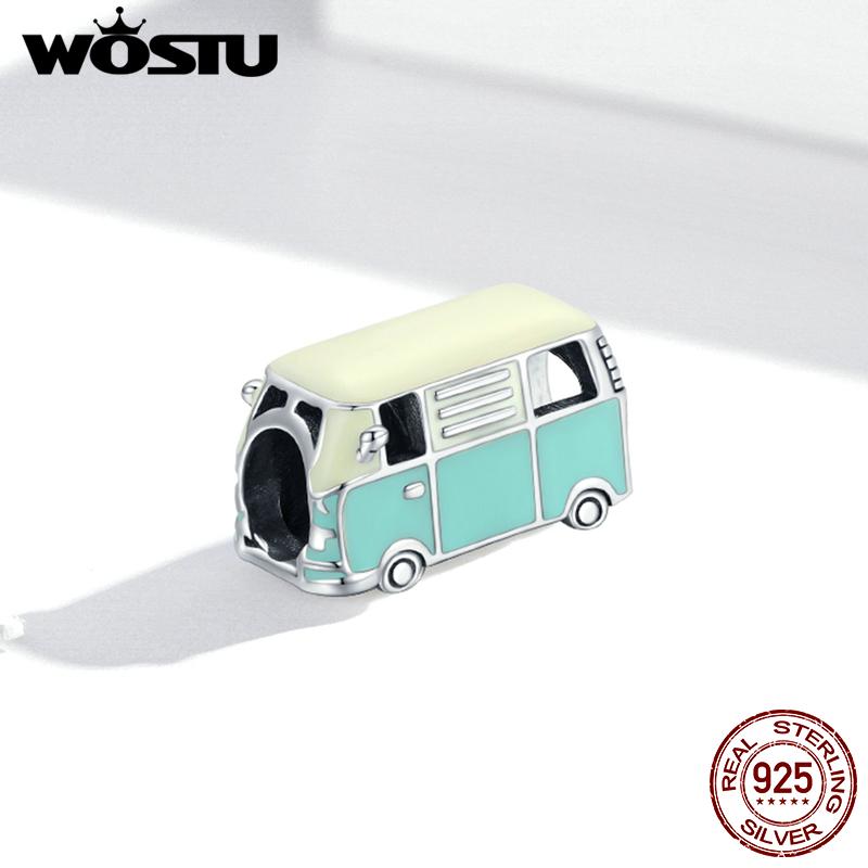 WOSTU Цветной Автомобильный Шарм 925 Пробы Стерлинговое Серебро Тыквенный Автомобиль Бусина Велосипед Цирконий Эмаль Подвеска Подходит к Оригинальному Браслету DIY Украшения