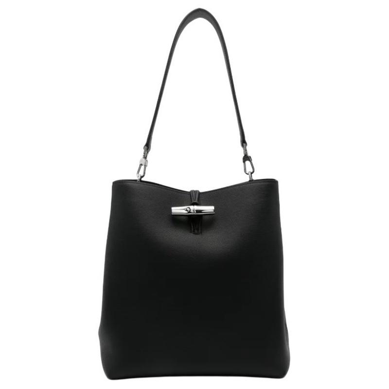 Longchamp Le Roseau Solid Metallic Bamboo Grained Cowhide HOBO Bag Shoulder Bag Medium Women's Black 10315HFP001