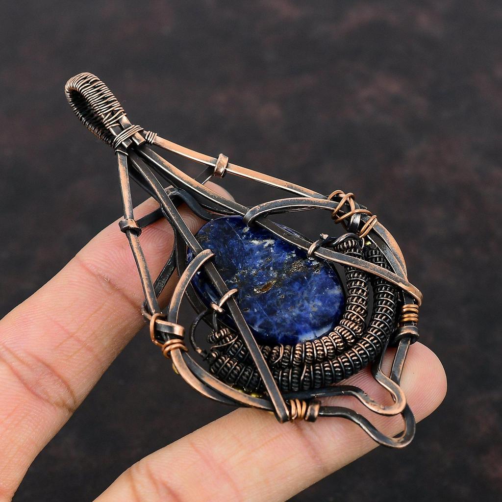 Подвеска из содалита, медная проволочная обертка, содалитовая медная бижутерия, изящная подвеска из драгоценного камня, подарок для нее, проволочная обертка, подвеска ручной работы