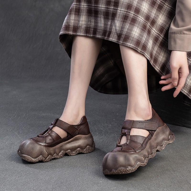 Johnature Thick Soled Retro Anti Slip Women's Flat Shoes Genuine Leather Versatile Roman Sandals