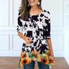 Women Spring O Neck Sunflower Print Tops Fashion Long-sleeved Irregular Hem T-shirt Tops