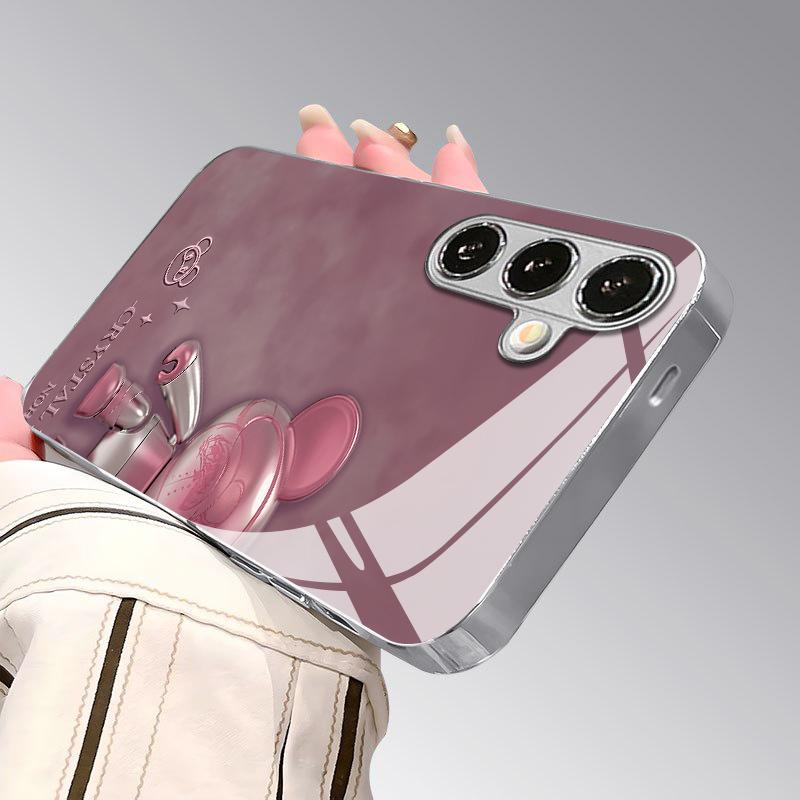 Металлический Модный Чехол для Телефона 2D с Рисунком Медведя для Samsung S26 S25 S24 S23 S22 S21 S20 A56 A36 A16 - Стеклянная Защитная Крышка
