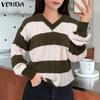 Autumn Winter Women V-Neck Long Sleeve Striped Knitted Sweaters Pullovers