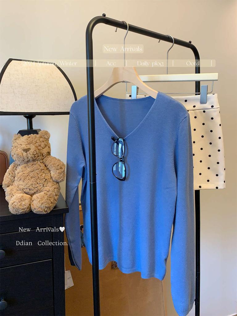 Повседневный темпераментный воротник свободный трикотажный свитер с длинным рукавом женский осенний новый тонкий легкий профессиональный стиль внутренний топ