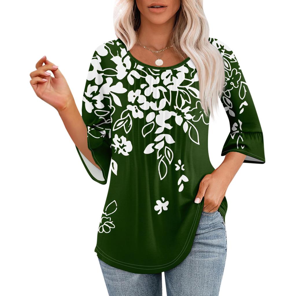 Женские топы с рукавами-колокольчиками 3/4, летние плиссированные рубашки с круглым вырезом, модные нарядные повседневные блузки-туники свободного покроя