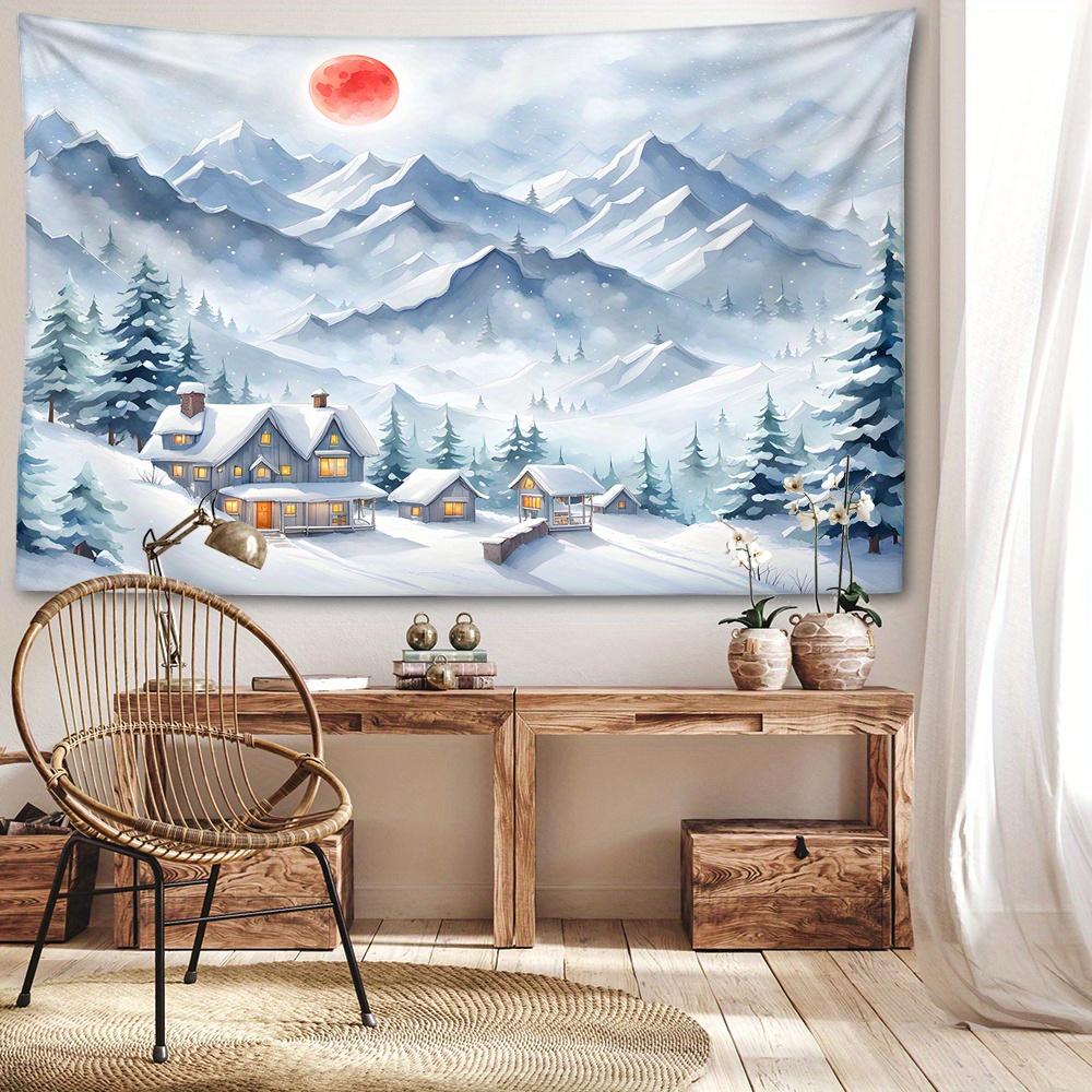 Christmas Snowy Mountain Sunset Tapestry Wall Hanging - Polyester Brushed Fabric No-Electricity Woven Wall Decor, Animal Theme Graphic, 90gsm Portrait
