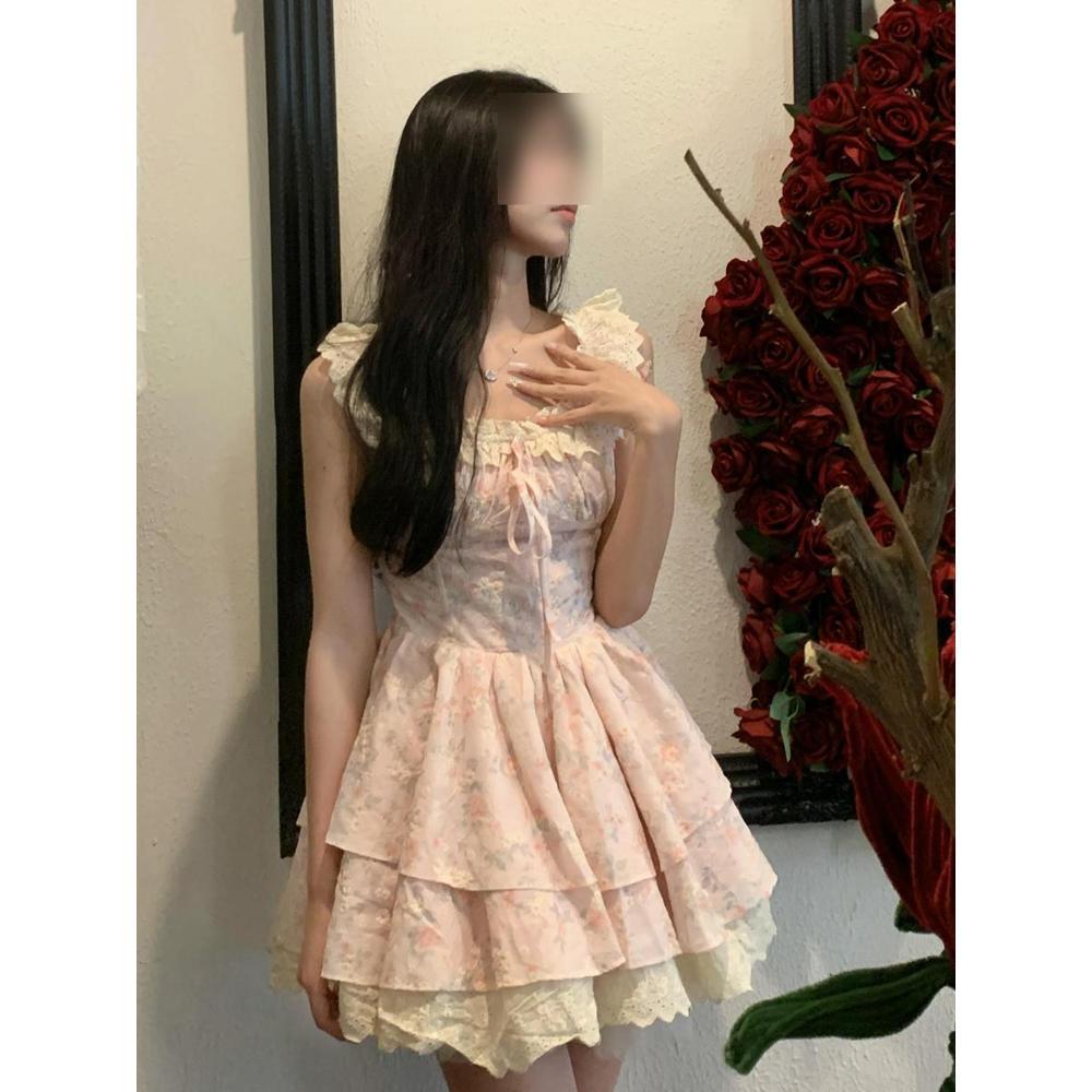 Sweet Spice Girl Blue Floral Dress Women's Summer Small Man Design Sense Princess Cake Dress Waist Fluffy Dress