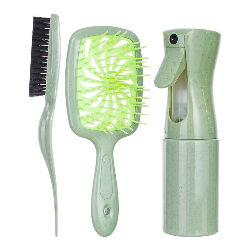 Custom LOGO 3pcs Hair Styling Tools Kit Eco-Friendly Wheat Straw Hollow-out Comb Massage Comb Teasing Brush Spray Bottle