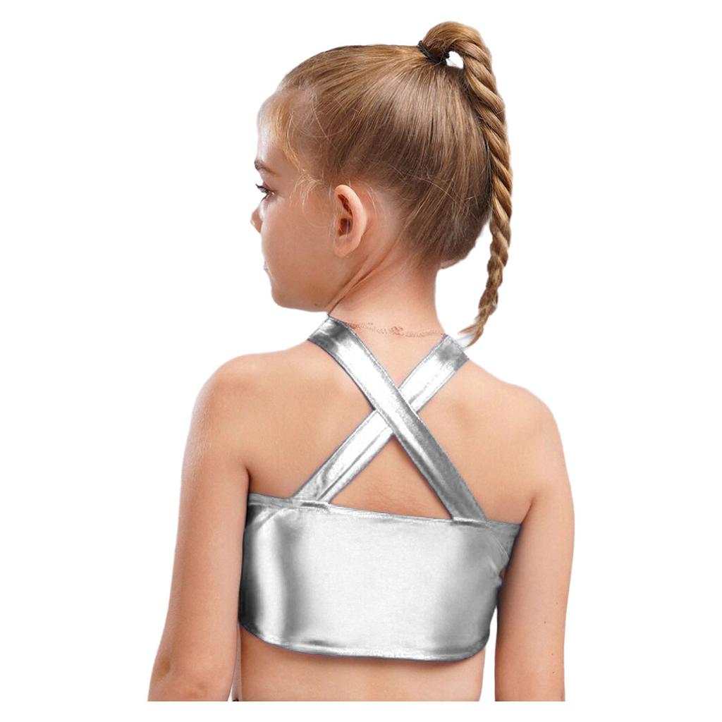 Детская джазовая одежда Блестящие пайетки Металлический кроп-топ с перекрещенным вырезом Костюм для бальных танцев