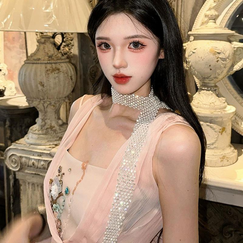 Блестящий длинный шарф, шейные платки, галстук, чокер, ожерелье для женщин, роскошный галстук-бабочка, воротник-ожерелье, ювелирные изделия