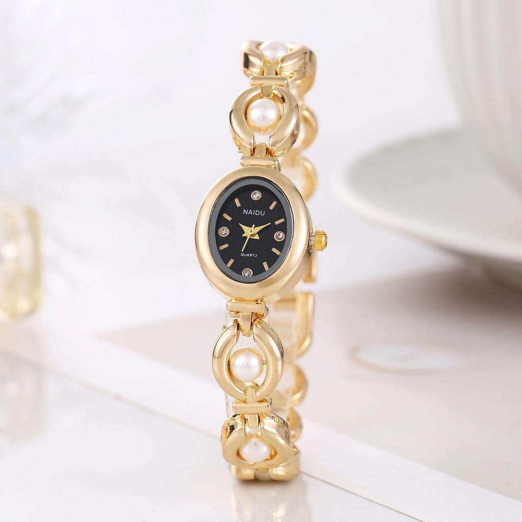 Fashionable Elegant Ladies' Pearl Strap Oval Quartz Wristwatch For Daily Wear Holiday Watch for Women