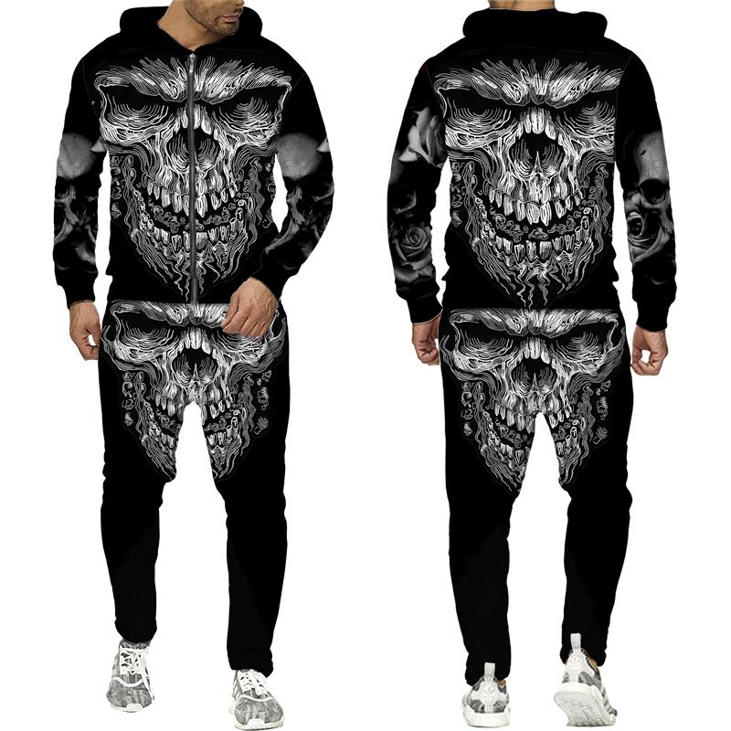Cool Skull 3D Printed Black Zipper Hoodie Pants Suit Gothic Punk Style Men Women Tracksuit Set 2023 Halloween Streetwear Costume