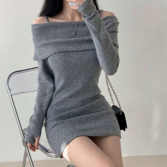 Women Knitting Tops Off Shoulder Long Sleeve Solid Color Slim Fit Pullover