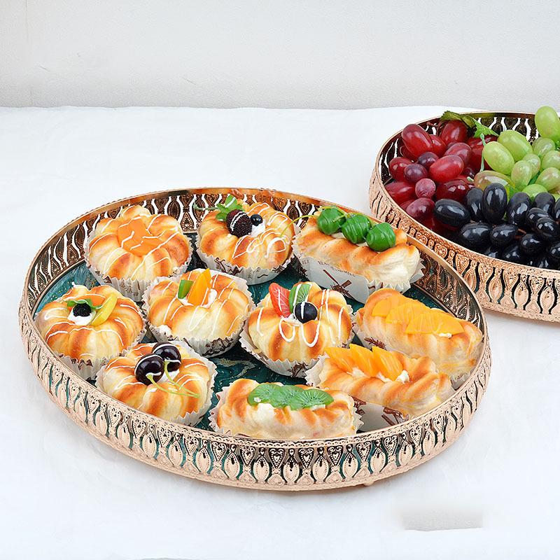 Роскошные круглые декоративные подносы из бирюзового мраморного стекла с витиеватой рамой цвета розового золота для туалетного столика и журнального столика, подносы для хранения, для дома