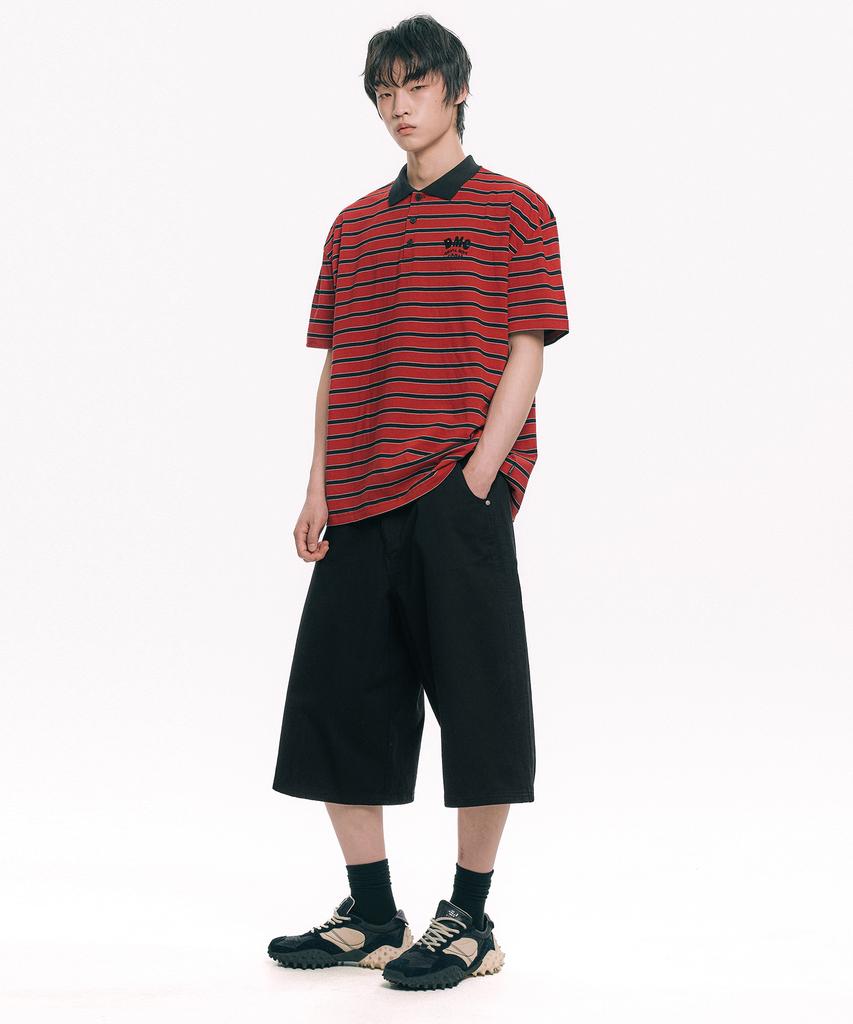 MOO Striped Collared Short Sleeve Tee - Red