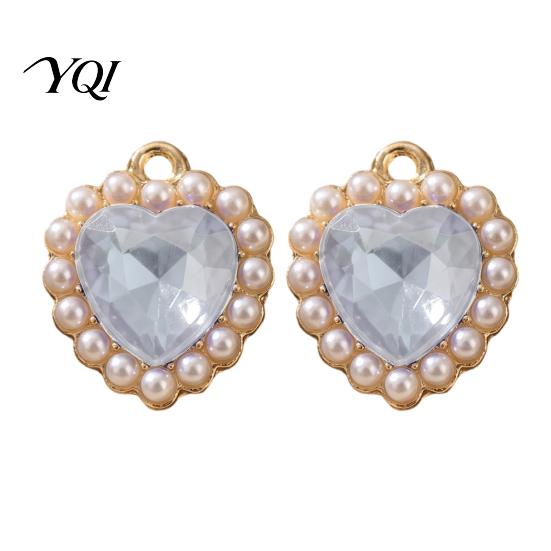 Metal Love Heart Charms 2Pcs Rhinestone Charms, Alloy Faux Pearl 21x18mm Novice Friendly DIY Jewelry Parts Dangle Pendants for Making Earrings