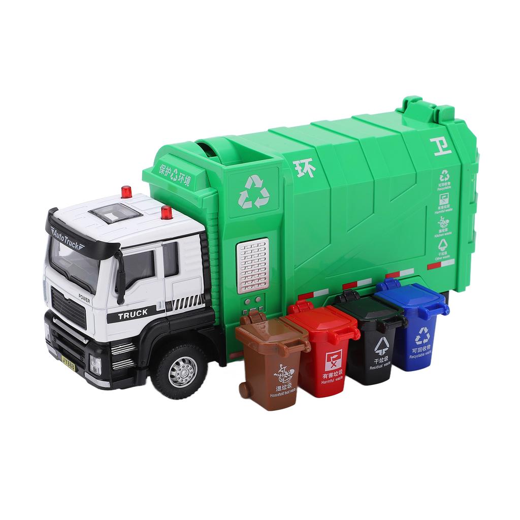 Игрушка Мусоровоз Многофункциональная 1:50 игрушечных машинок из сплава с откидным механизмом и 4 мусорными баками