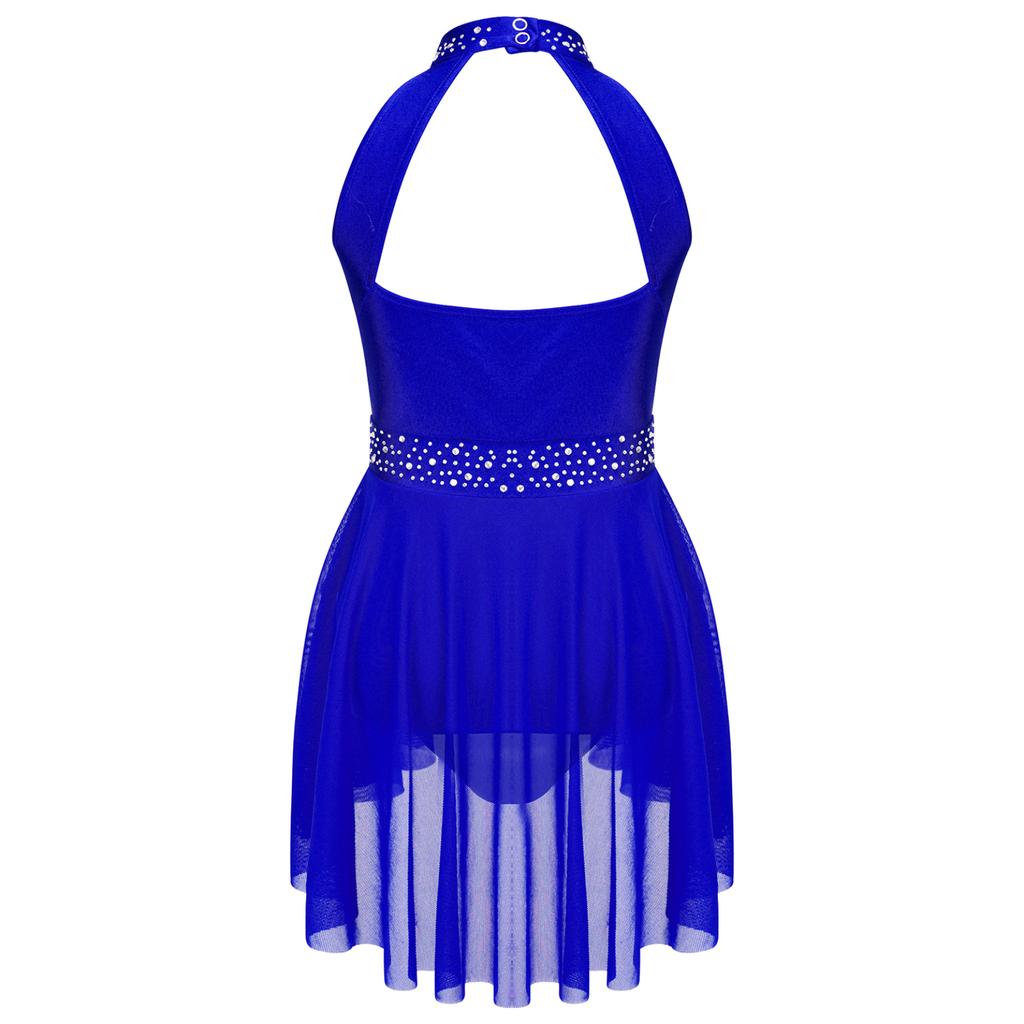 Girls Lyrical Dress Shiny Rhinestone Decor Sleeveless Irregular Hem Dance Leotard Dress Kids Dancewear