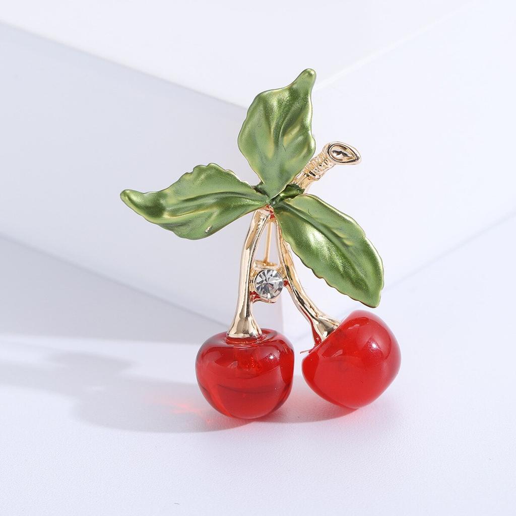 Enamel Alloy Rhinestone Cherry Fruit Brooch Simple Fashion Women Versatile Pin Accessories AVE