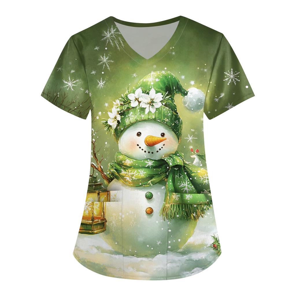 Women's Cute Printed Work Clothes V-neck Double Layer Pockets Basic Short Sleeve Top Pullover Christmas