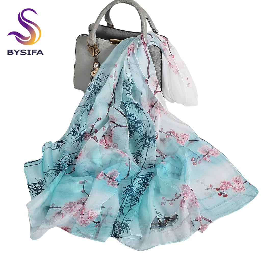 [BYSIFA] Women Chiffon Pure Silk Scarf Cherry Blossom Floral Design Long 100% Silk Shawl Scarf Purple Pink Silk Scarves Echarpes