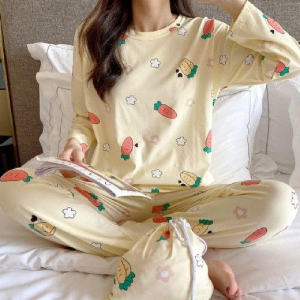 Cartoon Cute Patterned Long Sleeved Pajamas Set Female Spring Sleepwear Comfortable Cotton Round Neck Pajamas