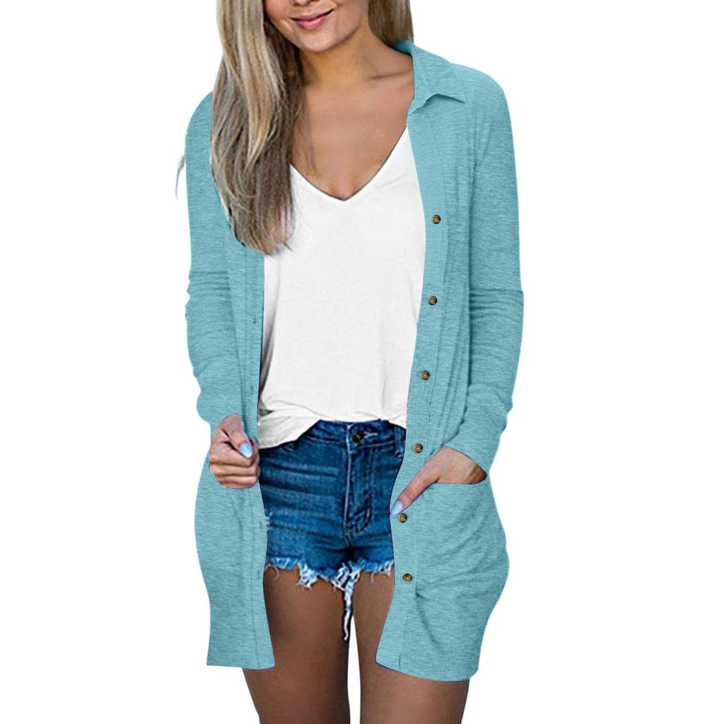 Women's Fashion Cardigan Lightweight Long Sleeve Button Loose With Pocket Solid Color Jacket