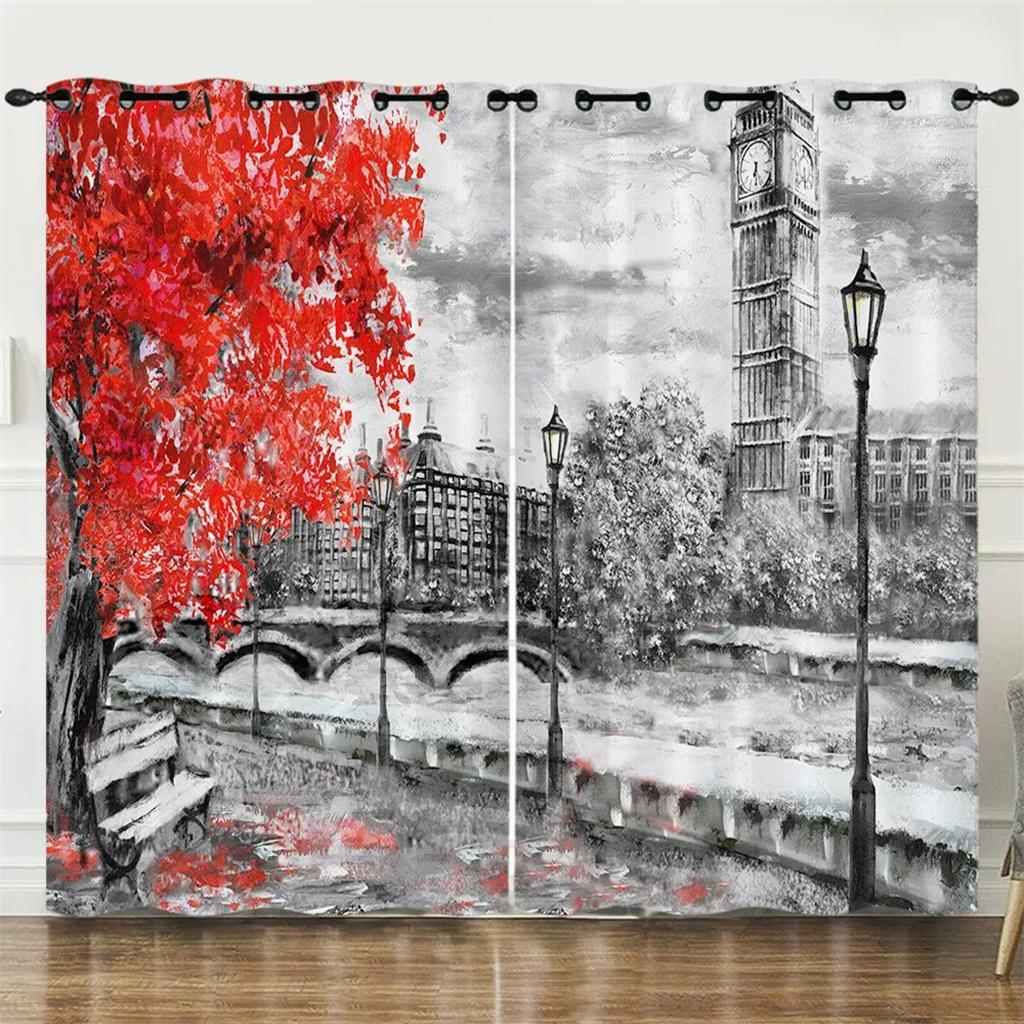 3D Print Modern City Lovers Paris Eiffel Tower Maple Leaf Free Shipping 2 Pieces Curtain for Living Room Bedroom Decor Hook