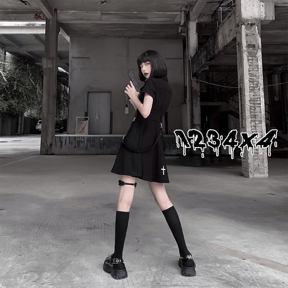 Women Black Y2k Dress French Cross Embroidery Punk Dark Dress JK Uniform College Style Gothic Street Skirt