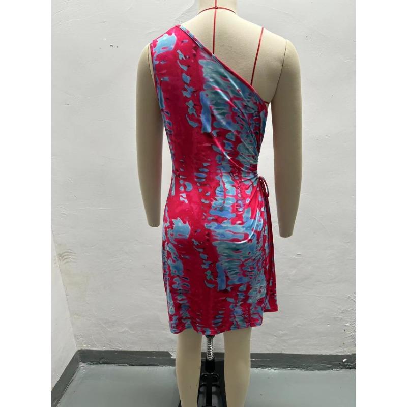 Летнее печатное сексуальное платье на одно плечо с диагональным воротником на шнуровке для женщин