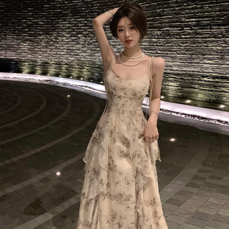 Винтажное принтованное платье для женщин с бретельками без рукавов, облегающее, с оборками, шифоновое, повседневное, корейское, длинное, женская одежда, лето