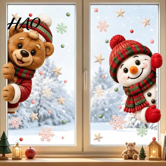 Removable Vinyl Decals 2Pcs Christmas Window Clings, Cute Bear Snowman Static Decals, 16" x 12" Festive Stickers for Glass Doors Home Shop Decoration
