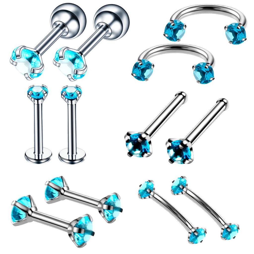 12-Piece Stainless Steel Zircon Lip Studs & Nose Rings Set - Colorful Piercing Jewelry