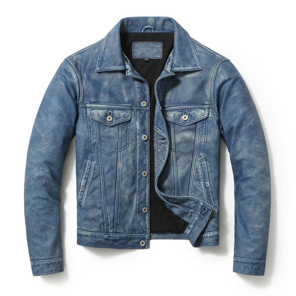 Vintage Blue Autumn Leather Jacket Men Casual Style Plus Size 4XL Real Natural Cowhide Spring Slim Fit Denim Coat