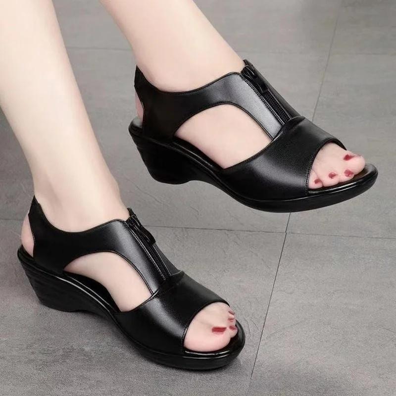 Women Summer Sandals New Wedge Roman Sandals Female Fish Mouth Zipper Breathable Wedge Women Designers Luxury