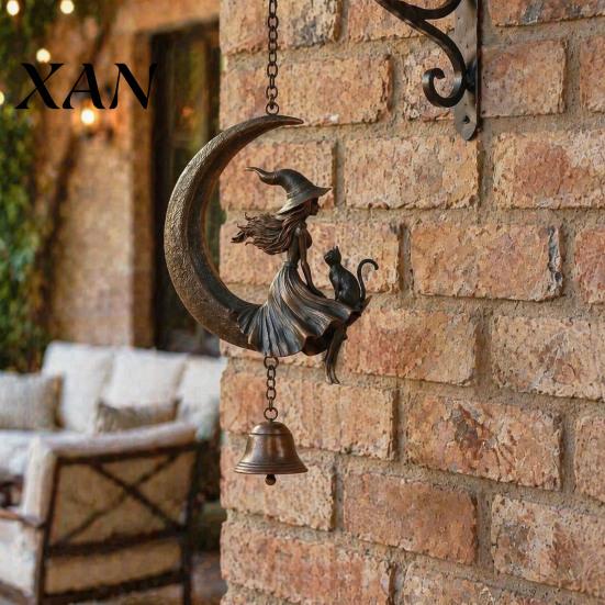 Indoor Outdoor Decorative Bells Witch Moon Wind Chime, Gothic Crescent with Black Cat Hanging Bell, Bohemian Style Decor Mystical Garden for