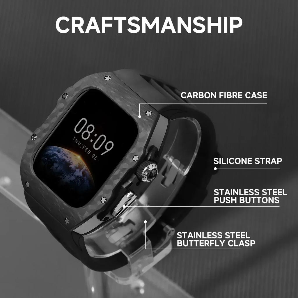 Роскошный чехол из углеродного волокна для Apple Watch S10 42 мм 46 мм Безель Резиновый ремешок Комплект для модификации Iwatch Series 10 46 мм 42 мм