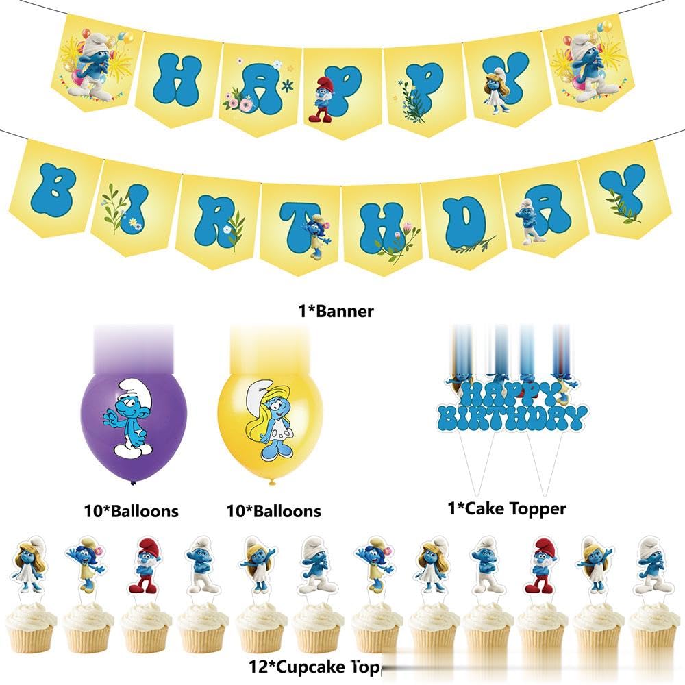 Smurfs Birthday Decorations Party Set The Smurfs Cartoon Characters Kids Cute Funny Boys Girls Happy Birthday Garland Banner Balloons Cake Topper