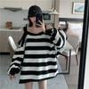 Fashion Stripe Strap Off Shoulder Pure Casual Loose Oversize Long Sleeve Large Edition Versatile T-shirt