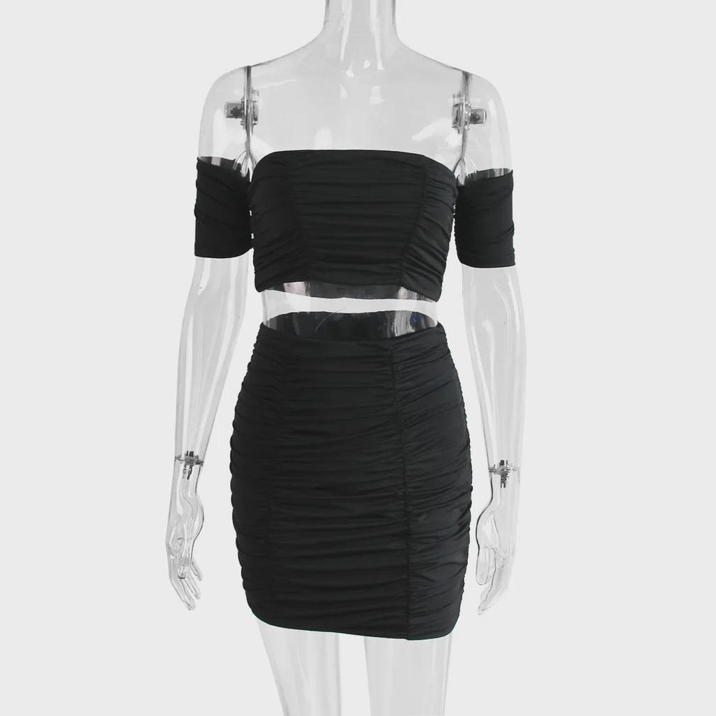 2024 Европейский и американский летний женский сексуальный комплект из двух частей с юбкой реглан с короткими рукавами и складками